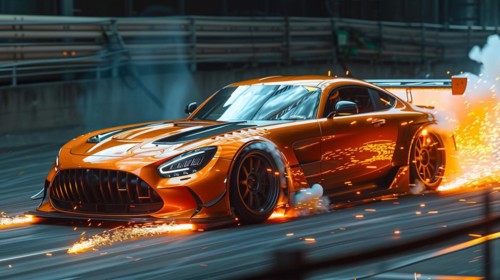 Racing car emitting sparks racing at night with aggressive design features, AI generated