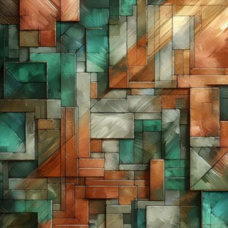 Textured squares in green and copper tones with visible brush strokes, AI generated
