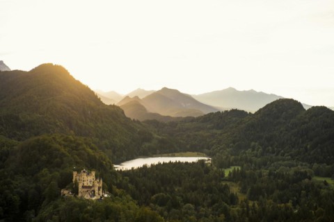 Hohenschwangau Castle, foehn storm, sunset, near Fuessen, Ostallgaeu, Allgaeu, Bavaria, Germany,