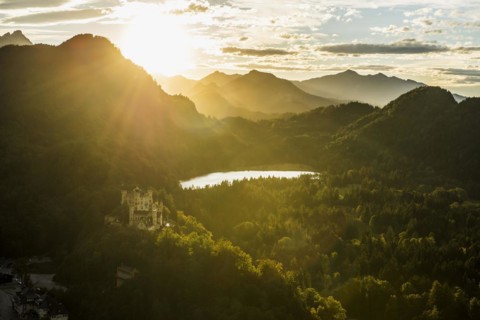 Hohenschwangau Castle, foehn storm, sunset, near Fuessen, Ostallgaeu, Allgaeu, Bavaria, Germany,