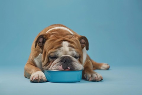 Funny English Bulldog dog falling asleep with head in pet bowl in front of blue studio background.