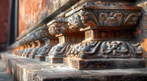 Close-up of intricate stone carving on architectural relief work with red hues, ai generated, AI
