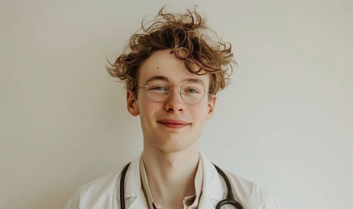 Warm portrait of a young man with curly hair and glasses, dressed in a white coat with a