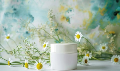 Blank cosmetic jar mockup placed on an elegant watercolor chamomile background, skin care and
