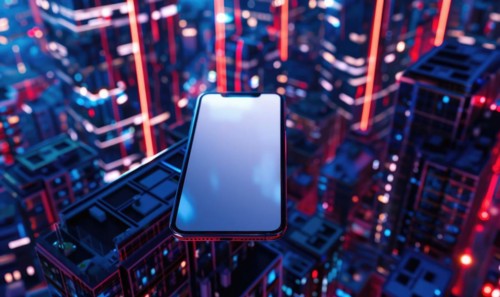 Smartphone mockup with a blank screen on a vibrant cityscape background AI generated