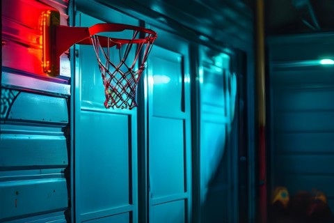 90s style basketball hoop suspended above a garage door, AI generated