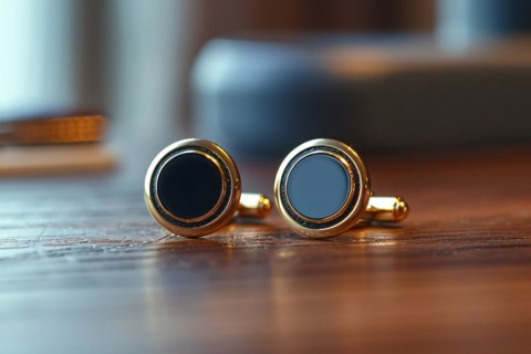 Close-up of elegant cufflinks against a dark background, highlighting a luxurious fashion