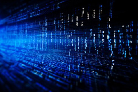 Blue dynamic digital data streams, showcasing flowing lines of code in a mesmerizing pattern, ideal