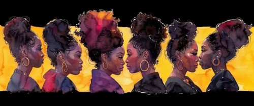 A row of women silhouettes in watercolor, with detailed hairstyles and earrings, banner 3:1 wide