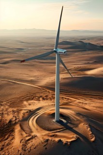 Wind turbine standing idle in a still lifeless desert representing the challenges of transition, AI