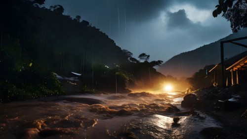 Heavy rainfall pouring on an already saturated ground leading to mudslides captured in a stormy