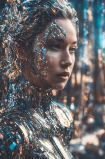 Side profile of a woman with her body and face covered in a textured metallic paint, exuding an