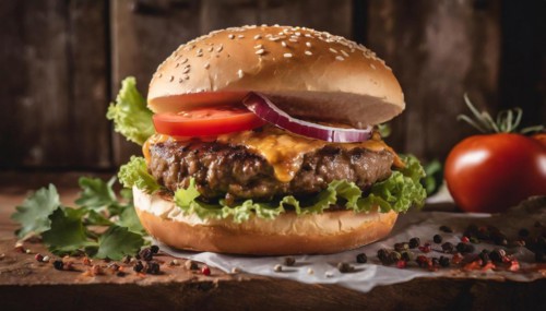 Food, hamburger with meat, tomato and sesame bun, AI generated, AI generated