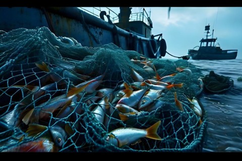 Commercial fishing net cascading onto the dock overflowing with caught fish and incidentally