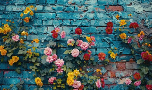 Colorful roses against a blue peeling paint wall creating a vintage feel AI generated