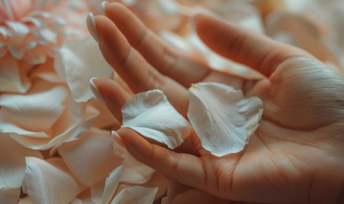 Close-up of a woman's hand with a neutral manicure, adorned with delicate flower petals AI