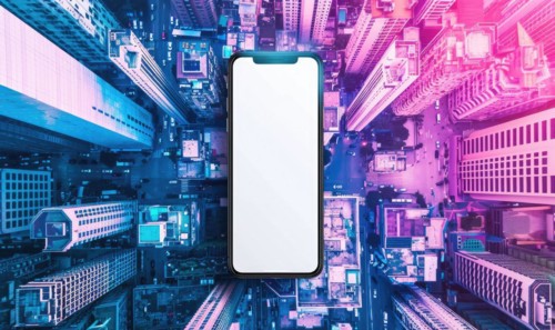 Smartphone mockup with a blank screen on a vibrant cityscape background AI generated