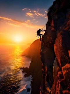Climber rappelling down a steep rock face bathed in the vibrant hues of a sunset, AI generated