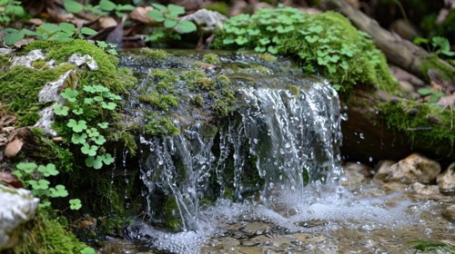 A small, clear waterfall flowing through a vibrant green forest, image depicting relaxation,