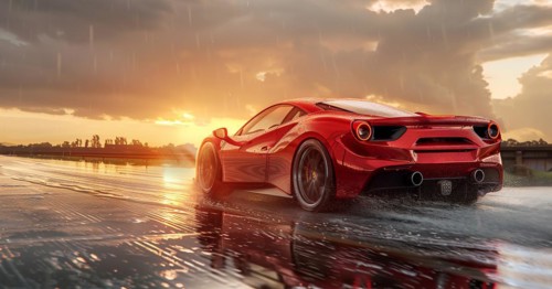 Red supercar driving through a puddle on a rainy day with sunset sky, low angle view, AI generated