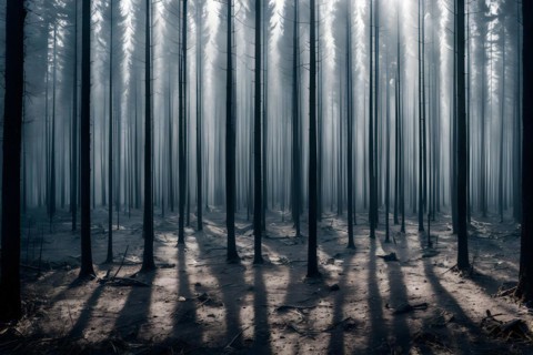 Dense forest pockets of trees charred from wildfires, AI generated