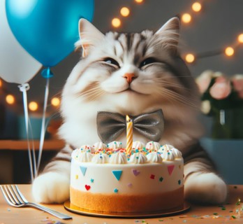 A cat wishes a happy birthday with a birthday cake with candles, symbolic image celebration, party,
