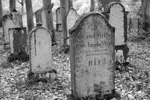 Jewish cemetery, weathered gravestones, black and white, wine village Beilstein, Moselle,