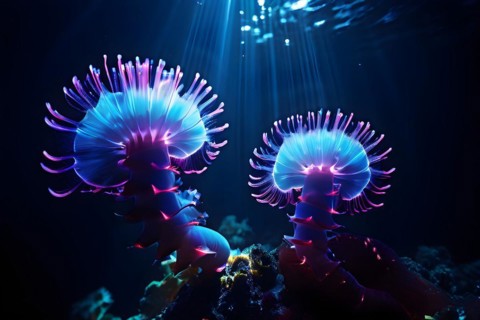Bristle worms bioluminescent bodies floating in deep ocean, AI generated, deep sea, fish, squid,