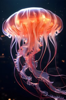 Deep sea jellyfish glowing with bioluminescence intricate patterns illuminating the dark sea, AI