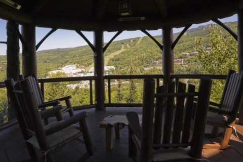 Brown stained gazebo on wooden deck with tempered glass and log railings attached to back of