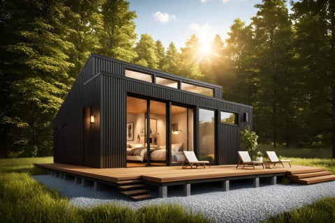Eco friendly tiny house located centrally embraced by natures tranquility, AI generated
