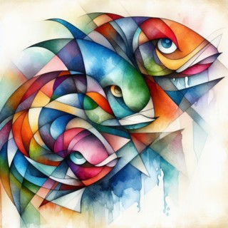 Abstract watercolor art of vibrant geometric fish, square aspect, pisces astrological sign card, AI