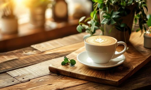 A cozy setting with a coffee cup on a wooden surface, morning light casting a warm glow AI