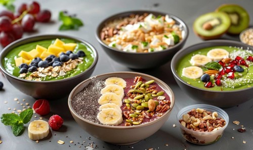 Colorful smoothie bowls garnished with superfoods like chia and nuts AI generated