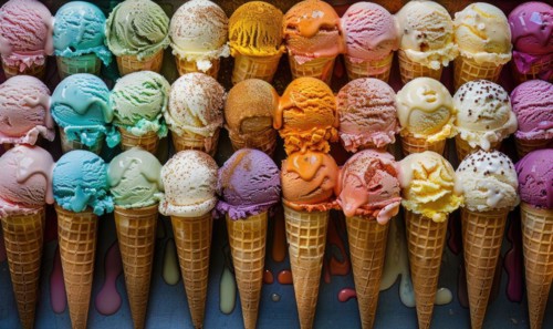 Colorful assortment of ice cream cones on the shop showcase. Colorful ice cream background AI