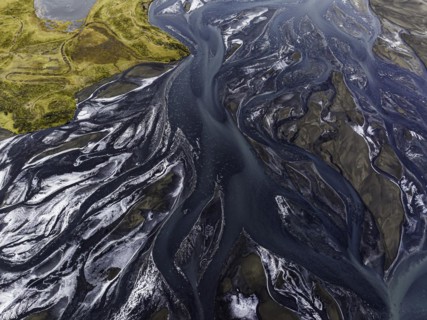 Overgrown river landscape, Eldhraun, near Kirkjubaejarklaustur, drone image, Sudurland, Iceland,