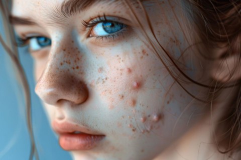 Close up of face of teenager girl with acne skin condition. KI generiert, generiert, AI generated