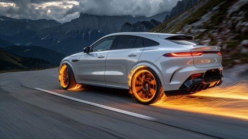 A white performance electric german design car speeding along a mountain road, tires creating