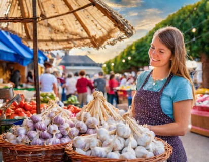 Food, spices, garlic, Allium sativum, many bulbs on a market stall, woman as saleswoman in Italy,