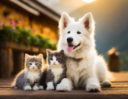 Dog, puppies of a white shepherd dog playing with two young white cats, AI generated, AI generated