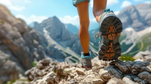 Looking down at blue hiking boots on a rocky mountain trail with a mountain in the background, AI