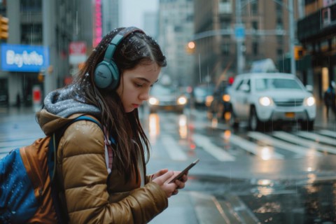 Schoolgirl with headphones looking at her smartphone on a busy street in a city, symbolic image for
