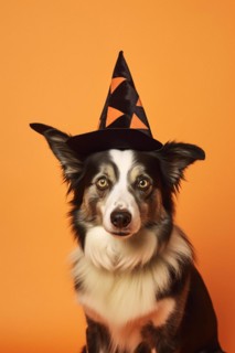 Dog wearing Halloween costume witch hat on orange stduio background. KI generiert, generiert, AI
