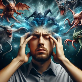 A man has delusions in his head, symbolic image intoxication, narcotic, drug, drug use, fantasies,