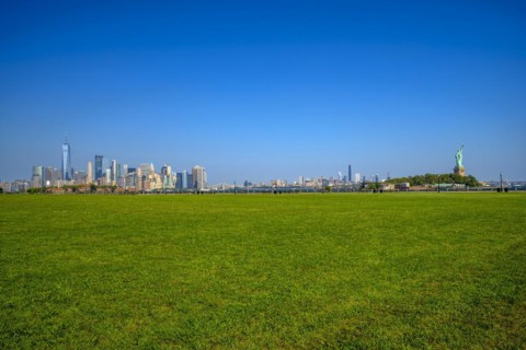 Views on New York Harbor, Manhattan and Statue of Liberty from the Liberty State Park, Jersey City,