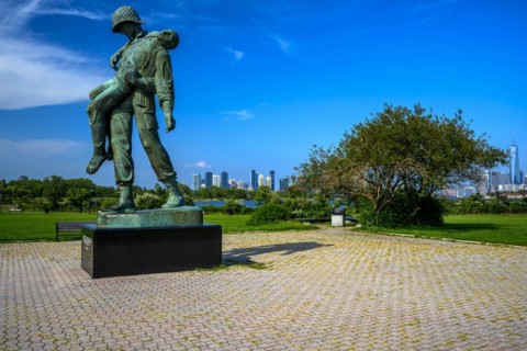 Views on New York Harbor, Manhattan and Statue of Liberty from the Liberty State Park, Jersey City,