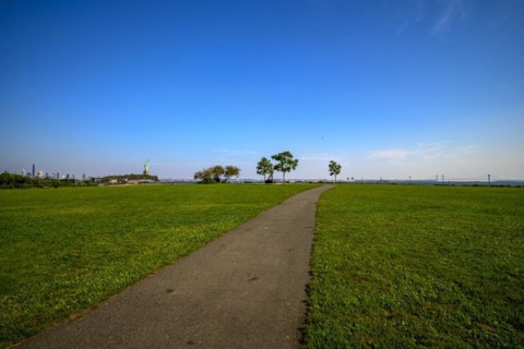 Views on New York Harbor, Manhattan and Statue of Liberty from the Liberty State Park, Jersey City,