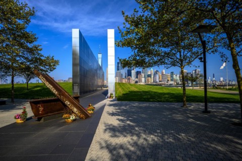 Views on New York Harbor, Manhattan and Statue of Liberty from the Liberty State Park, Jersey City,