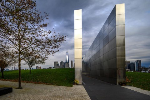 Views on New York Harbor, Manhattan and Statue of Liberty from the Liberty State Park, Jersey City,