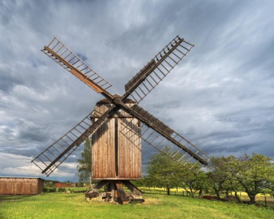 Windmill in front of a stormy sky, windmill, trestle windmill, Sargstedt, Saxony-Anhalt, Germany,